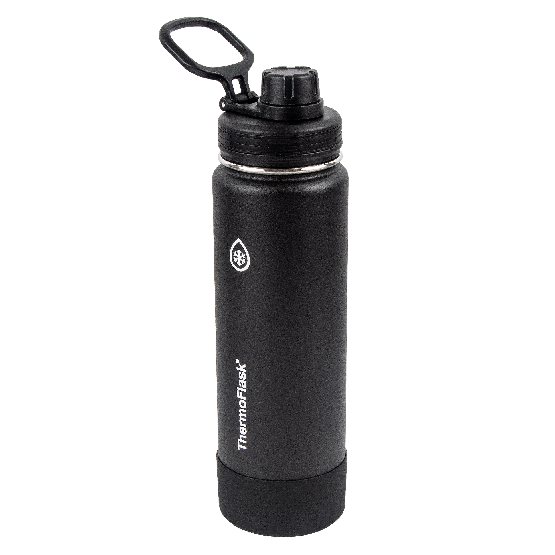 One Size Black Spout Lid ThermoFlask® Spout Lid on a black bottle for illustration purposes.