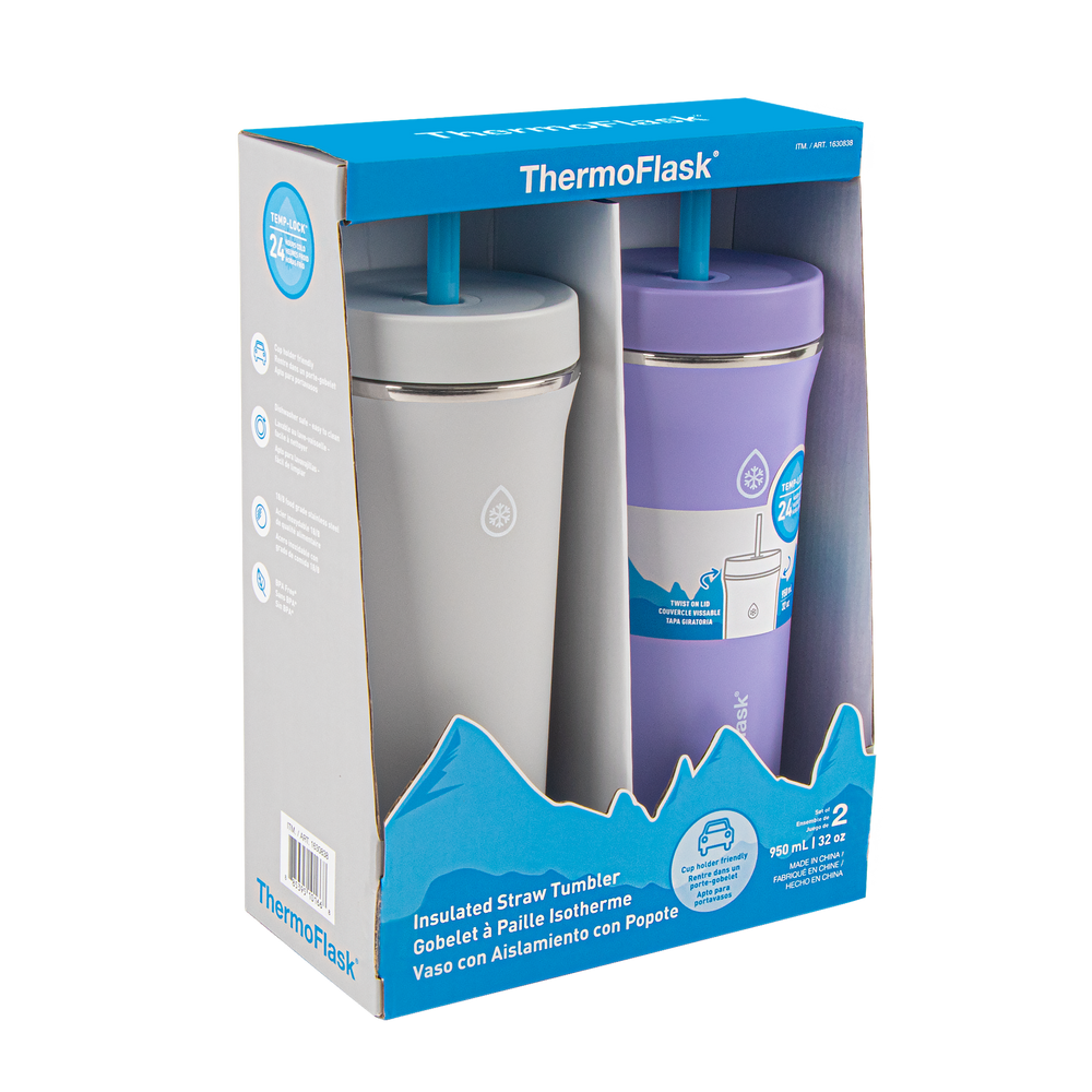 Thermoflask 32oz Insulated Standard Straw Tumbler, 2-Pack  (Purple&Gray) (2, 9x12): Tumblers & Water Glasses