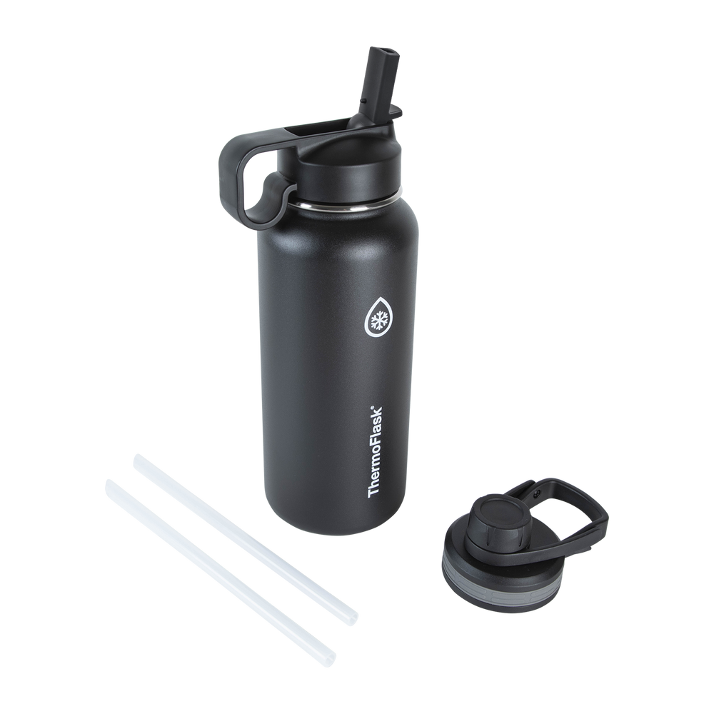 CIVAGO 32 oz Insulated Water Bottle With Straw, Stainless Steel Sports Water  Cup Flask with 3 Lids (Straw, Spout and Handle Lid), Wide Mouth Travel  Thermo Mug, Midnight Black Black 32 oz
