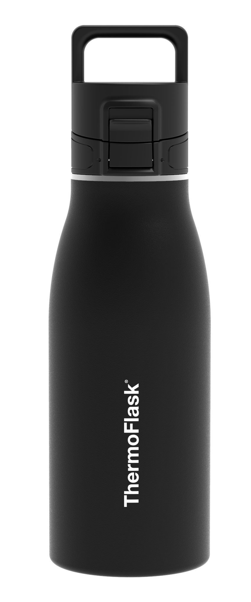 One Size Black Travel Mug Lid. ThermoFlask® Travel Mug Lid on a black bottle to illustrate how lid fits.